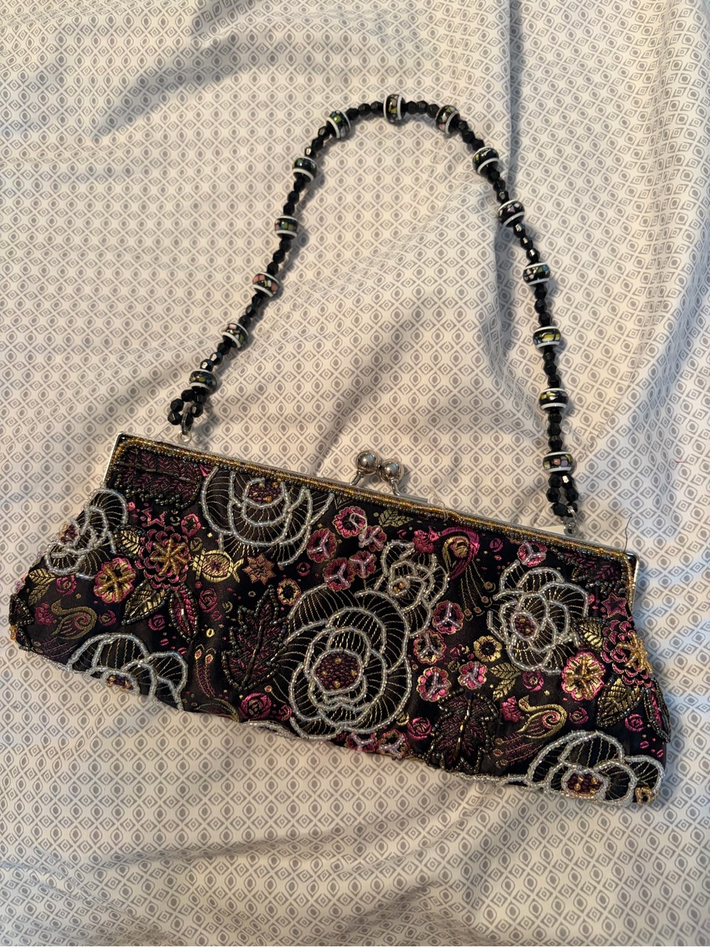 Vintage Y2K Embroidered Black Beaded PINK/GOLD Handle Evening Clutch